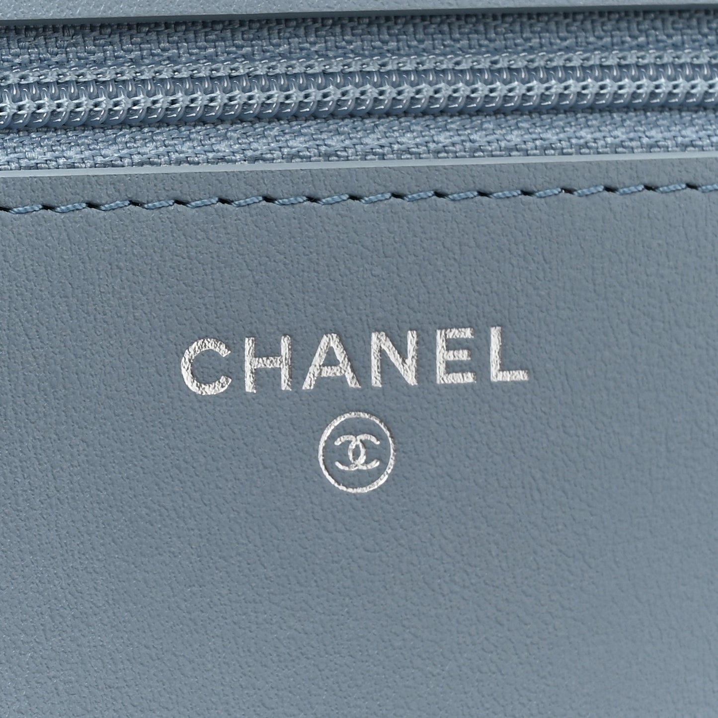 Faded Patent Calfskin Quilted Wallet on Chain Blue