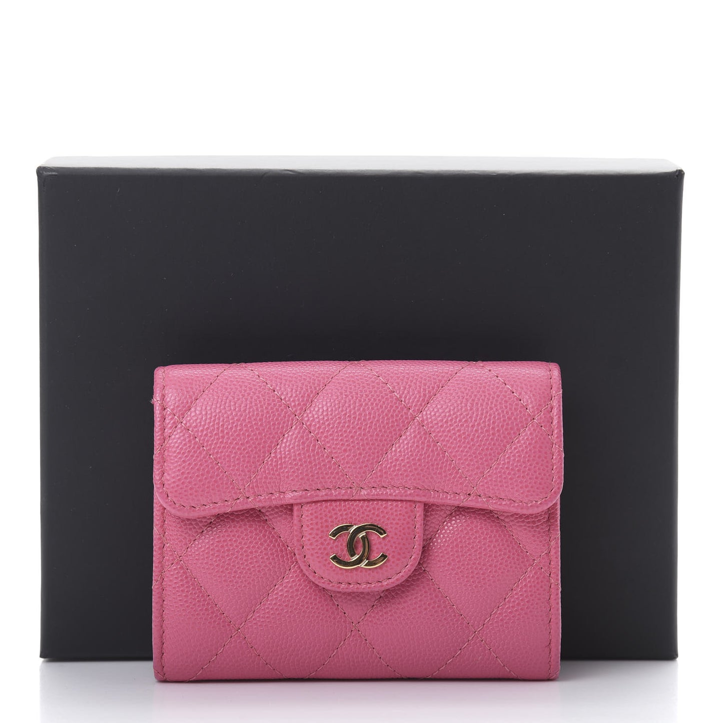 Caviar Quilted Flap Card Holder Wallet Pink