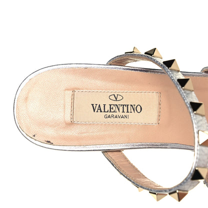 Valentino Garavani Metallic Pebbled Calfskin Rockstud Caged Slide Sandals 37 Skin 7 of 9