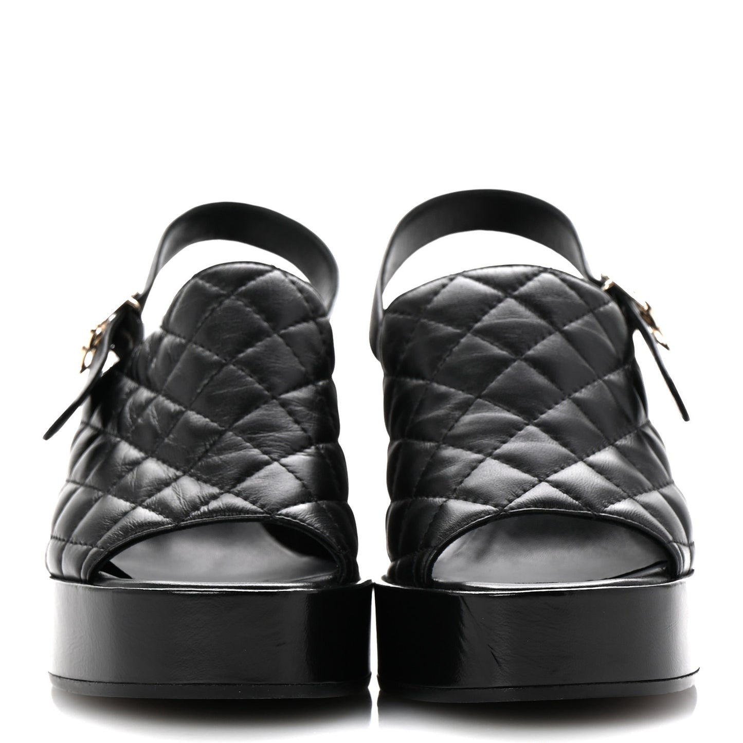 Lambskin Quilted Peep Toe Wedge Sandals 38 Black