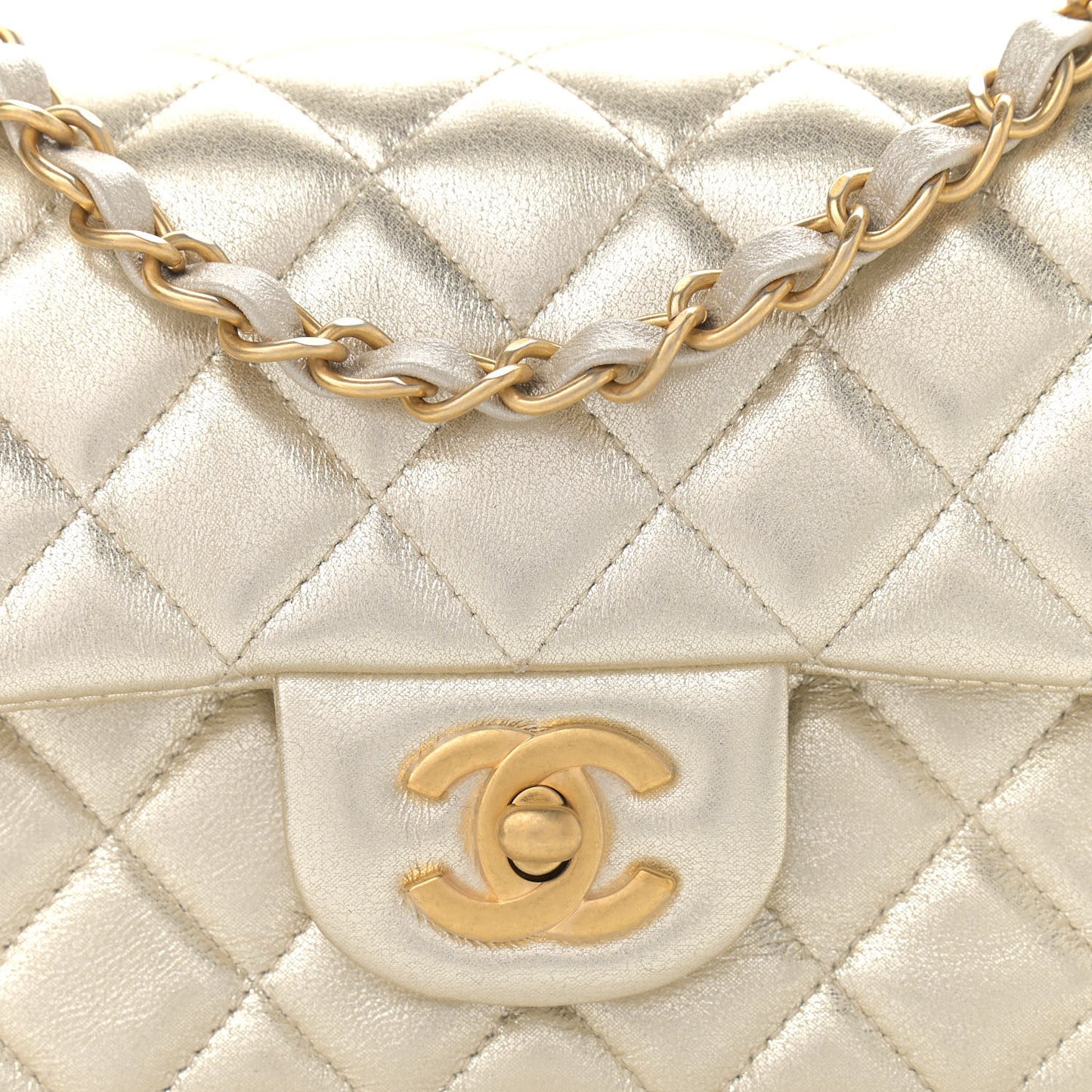 Metallic Lambskin Quilted Mini Rectangular Flap Gold
