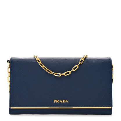 Prada Saffiano Metal Bar Chain Wallet Bleuette 1 of 7