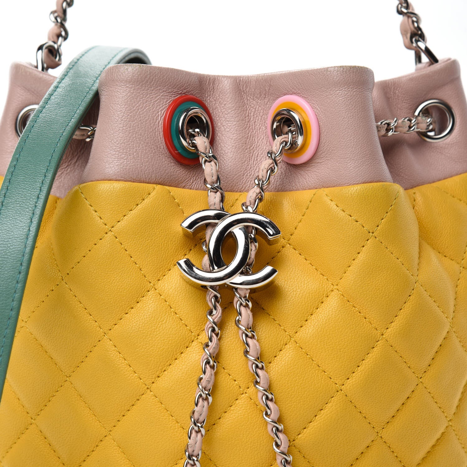 Chanel Lambskin Quilted Cuba Drawstring Tote Yellow Pink Green 10 of 19