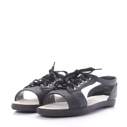 Chanel Lambskin Quilted Peep Toe Lace Up 35 Black White 3 of 12