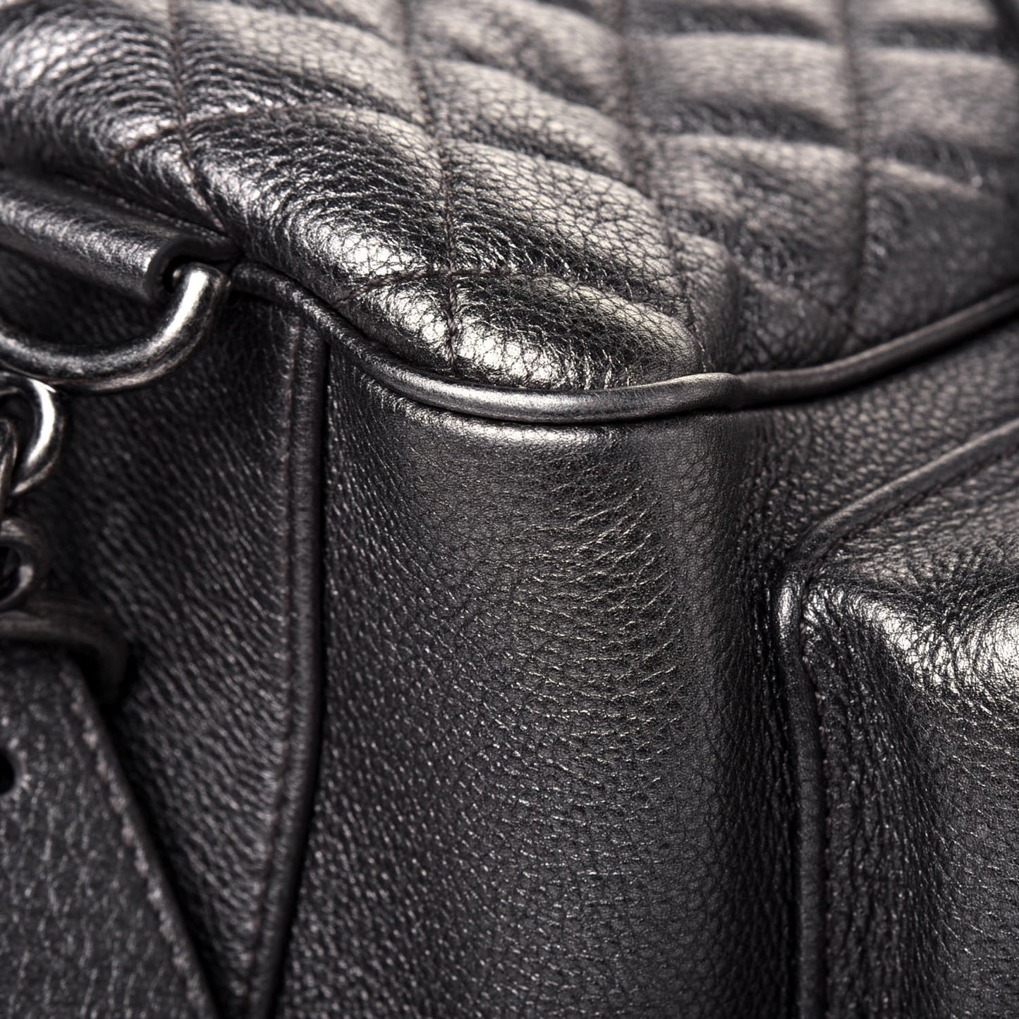 Metallic Grained Calfskin Quilted Large Casual Rock Backpack Charcoal