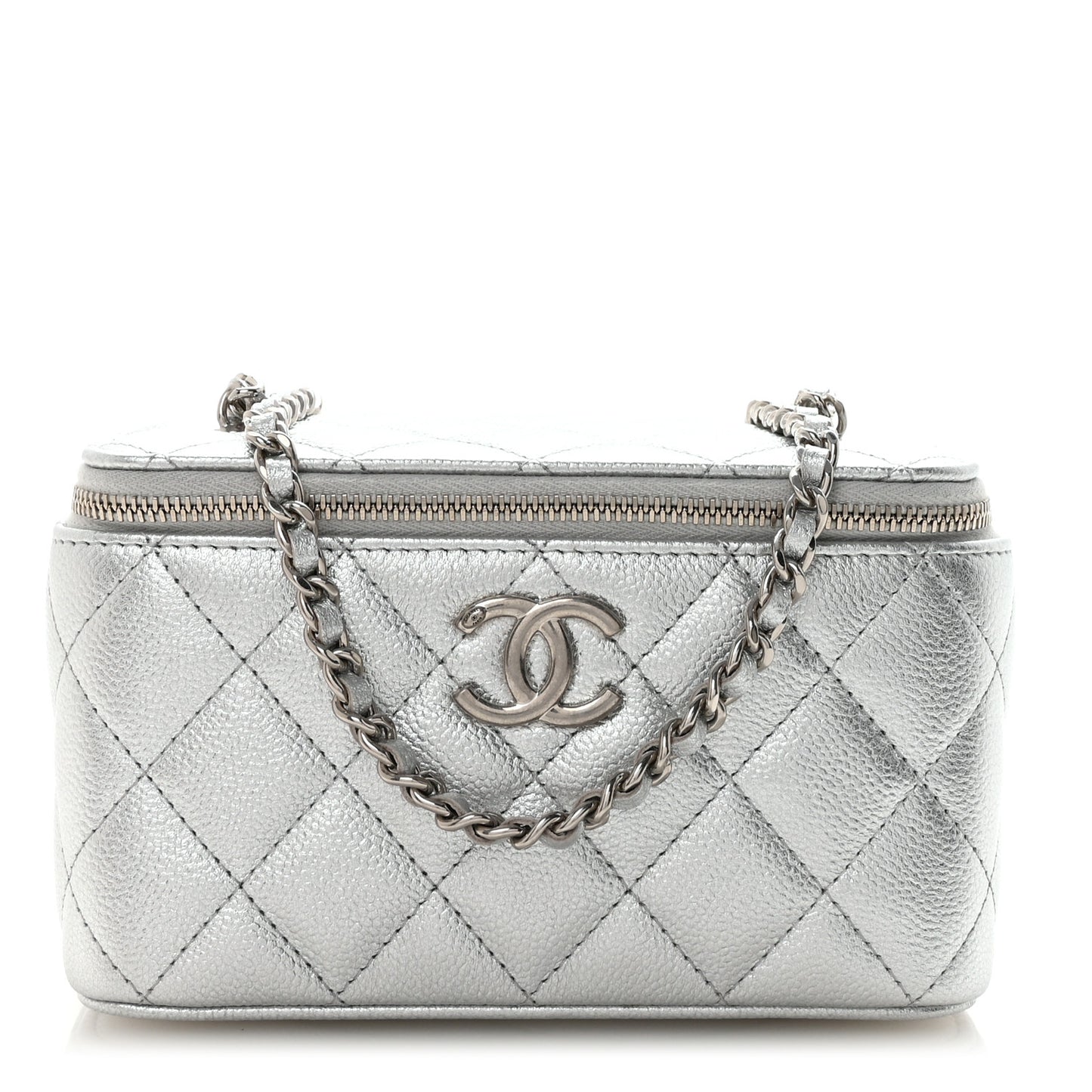 Metallic Caviar Quilted Small Vanity Case With Chain Silver