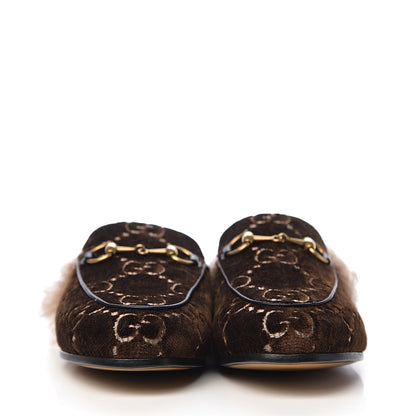 Gucci Velvet GG Monogram Fur Womens Princetown Slippers 35 Brown Black Natural 2 of 9