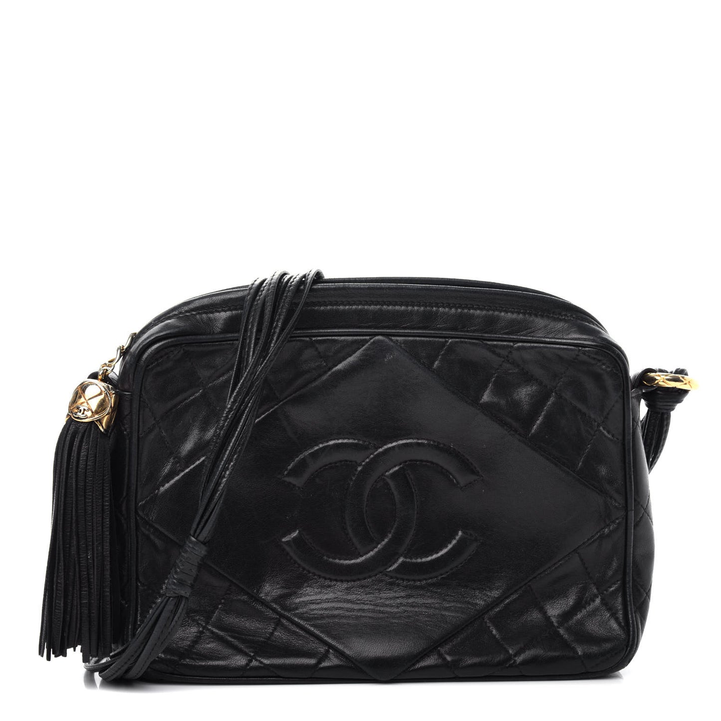 Lambskin Quilted CC Tassel Camera Case Black