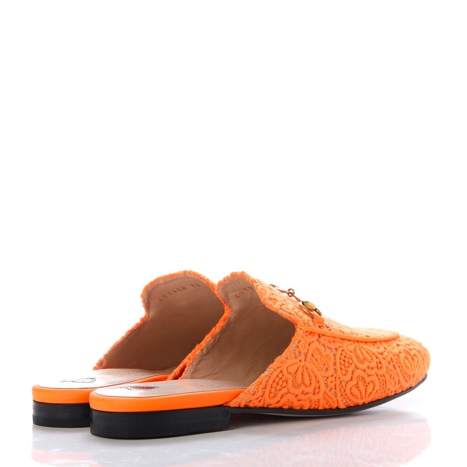 Gucci Lace Malaga Kid Womens Princetown Slippers 38 Orange Fluo Skin Rose 4 of 10