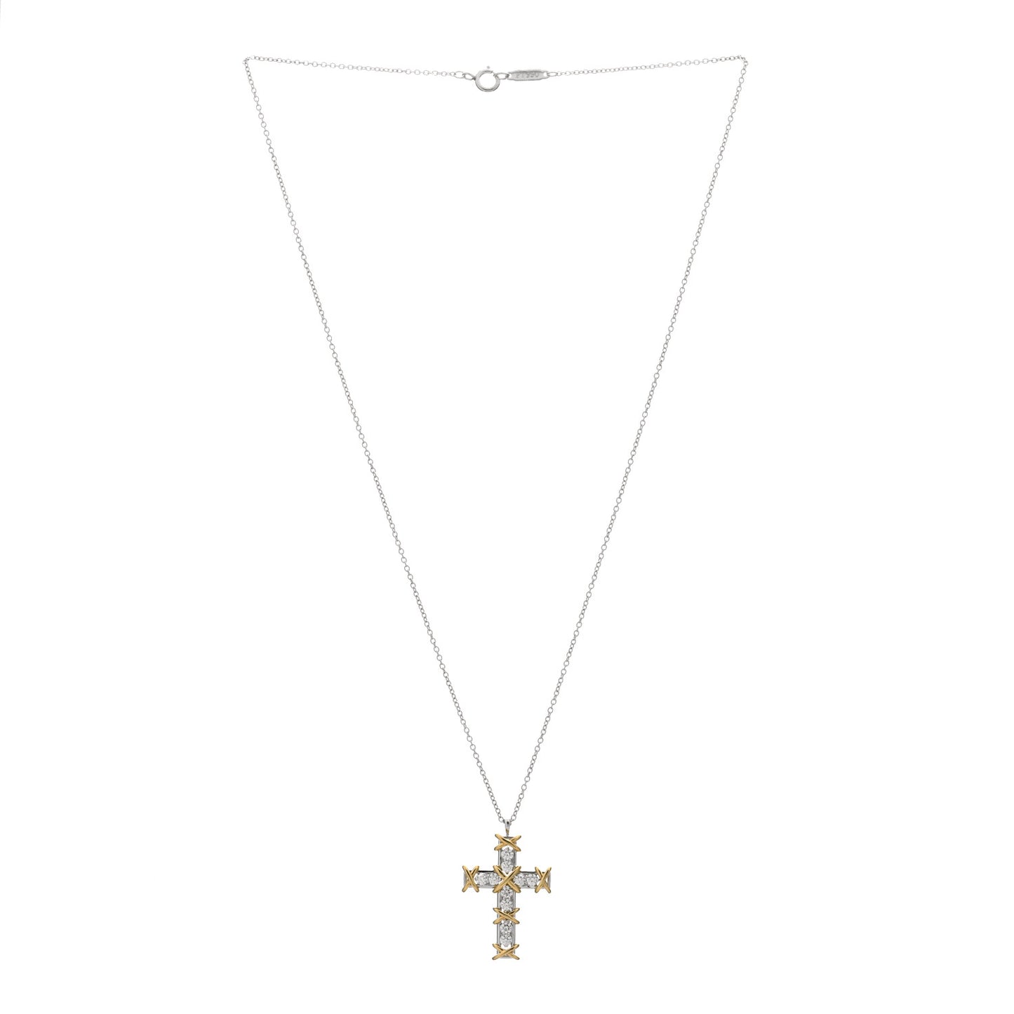 Platinum 18K Yellow Gold Diamond Schlumberger Ten Stone Cross Pendant Necklace