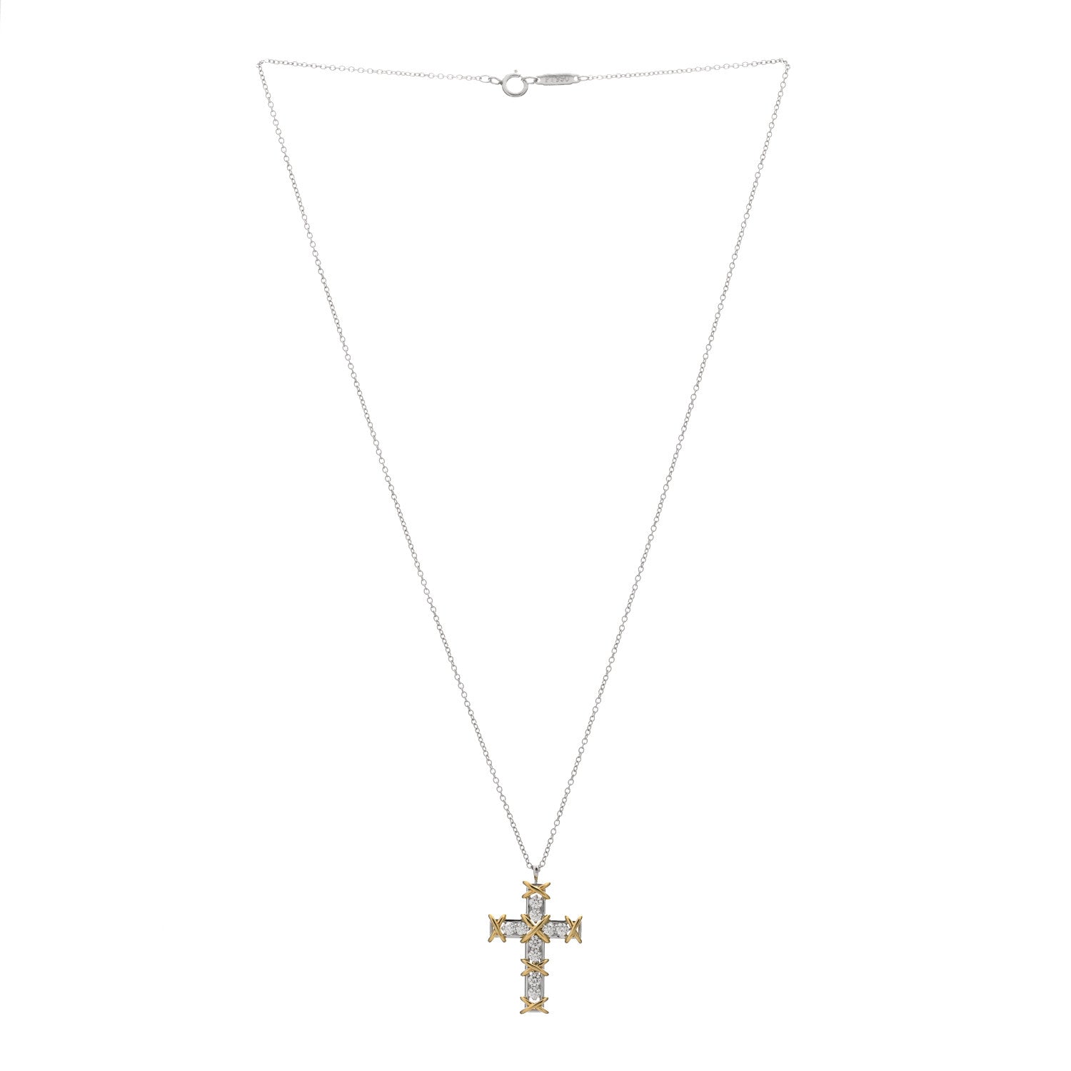 Tiffany Platinum 18K Yellow Gold Diamond Schlumberger Ten Stone Cross Pendant Necklace 2 of 3