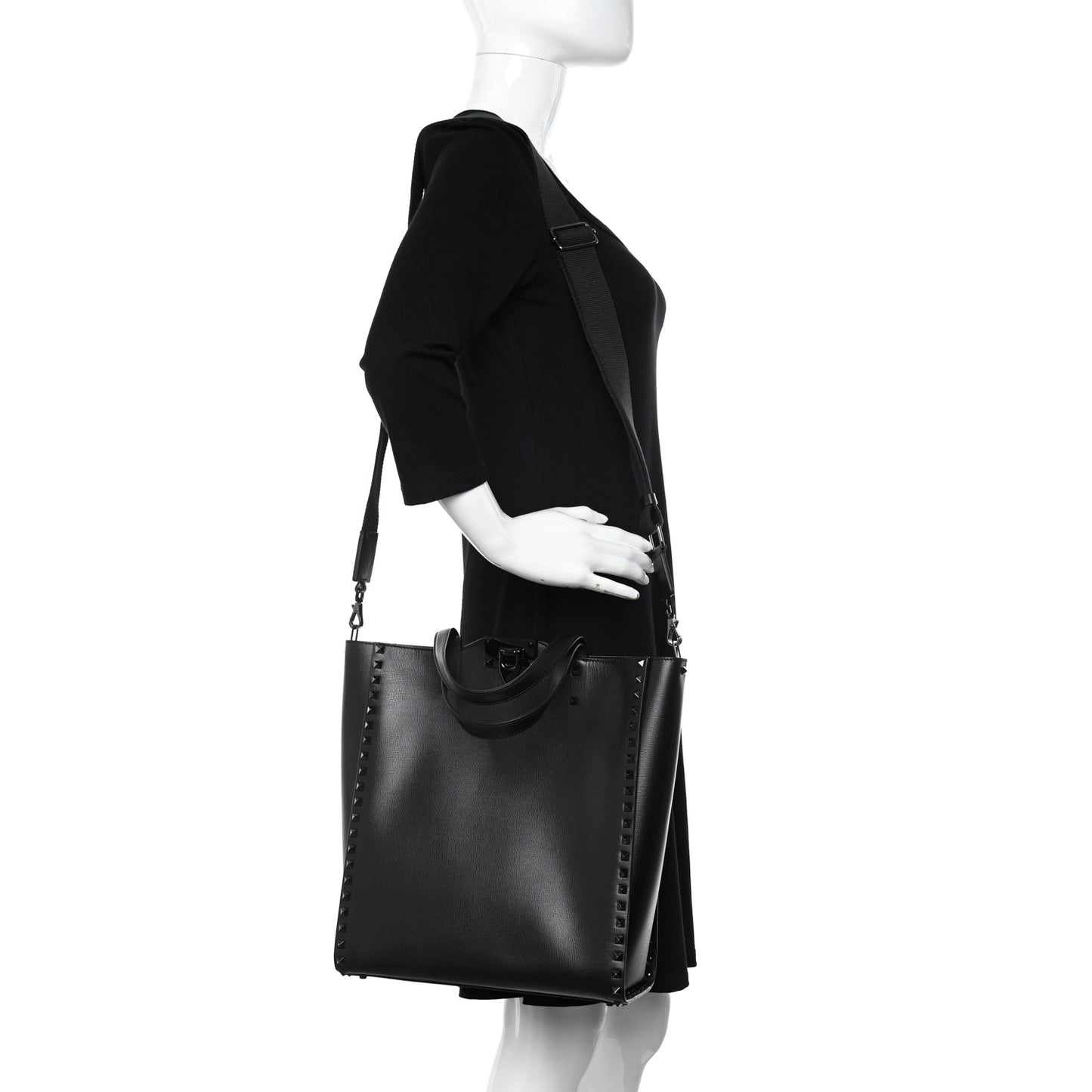 Grainy Calfskin Rockstud Alcove Tote Black