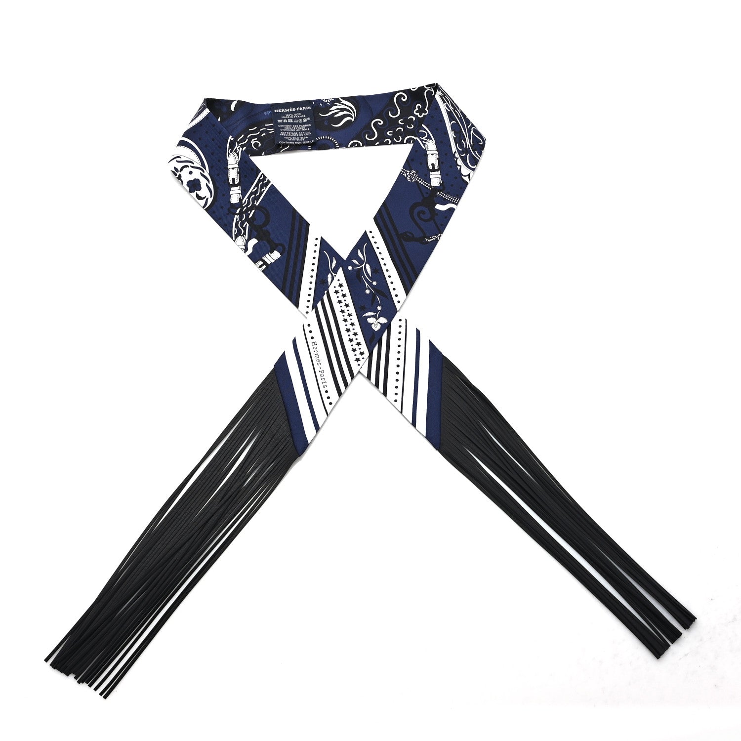 Hermes Silk Festival Des Amazones Bandana Fringed Twilly Bleu Black 1 of 4