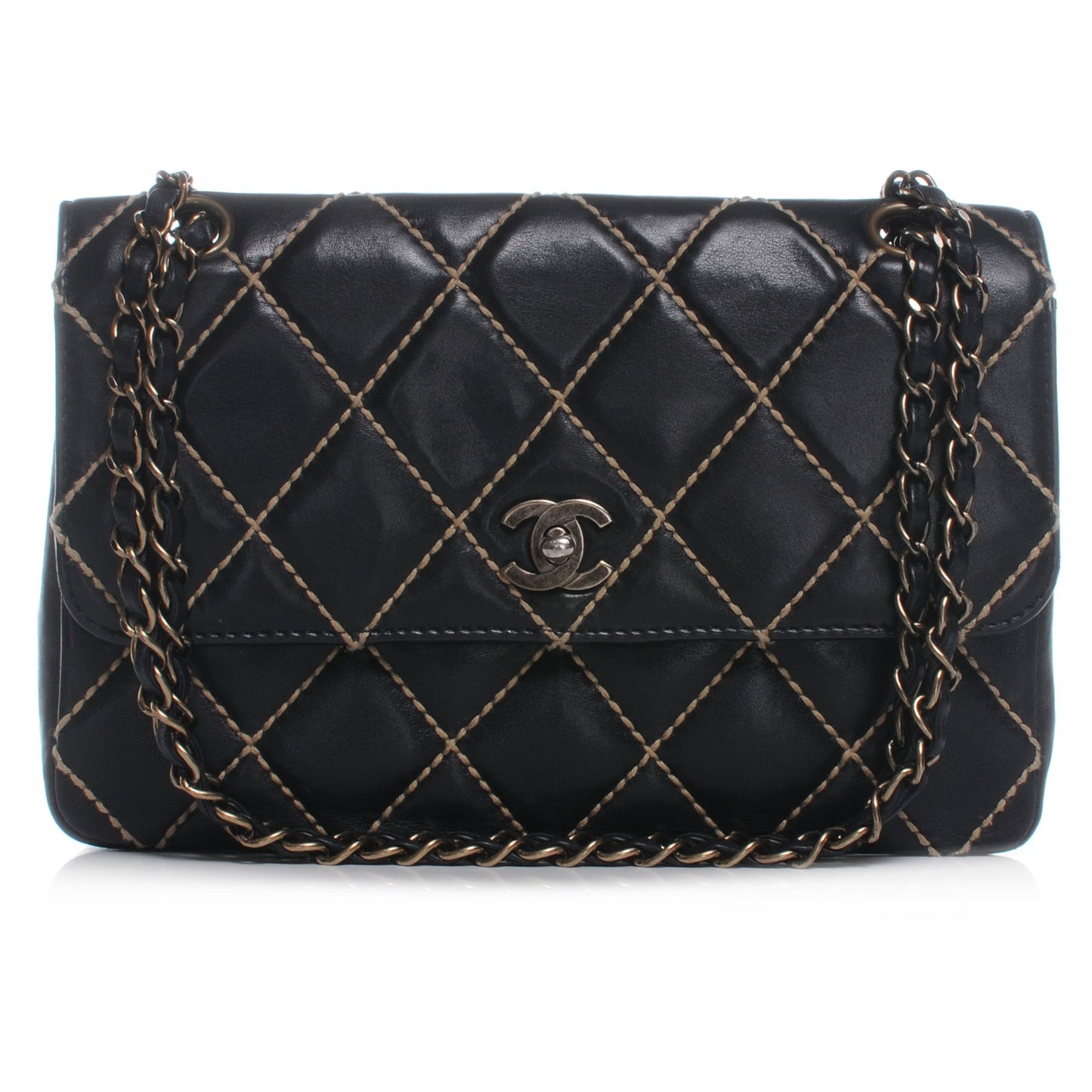 Leather Quilted Contrast Stitch Surpique Flap Black