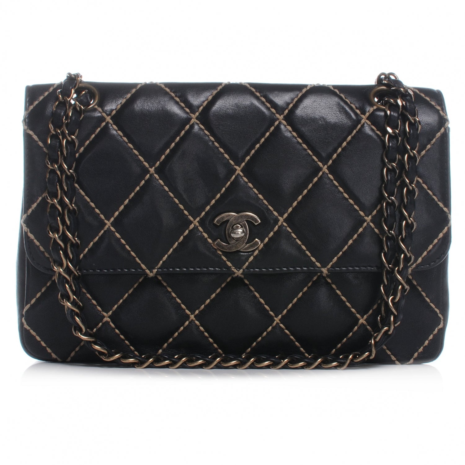 Chanel Leather Quilted Contrast Stitch Surpique Flap Black 1 of 8