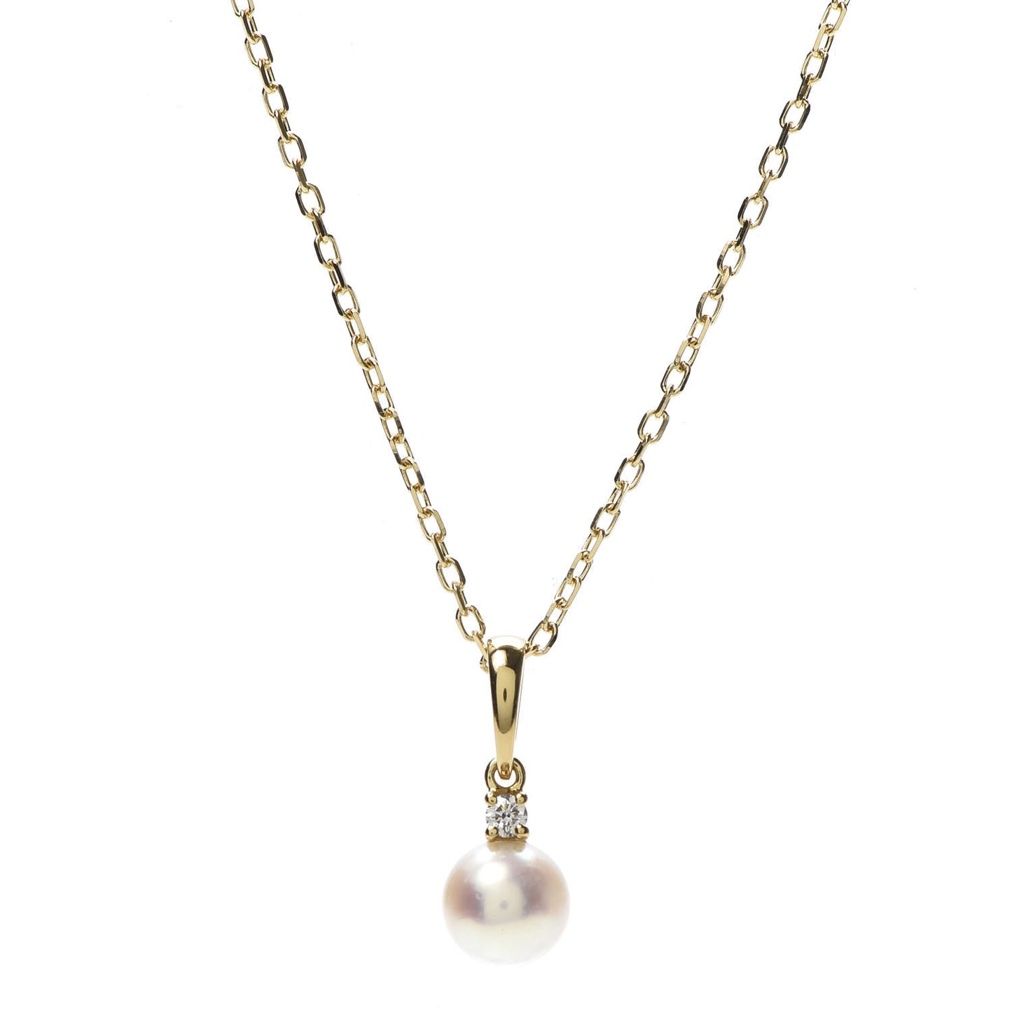 18K Yellow Gold Diamond Akoya Pearl 6mm Drop Pendant Necklace