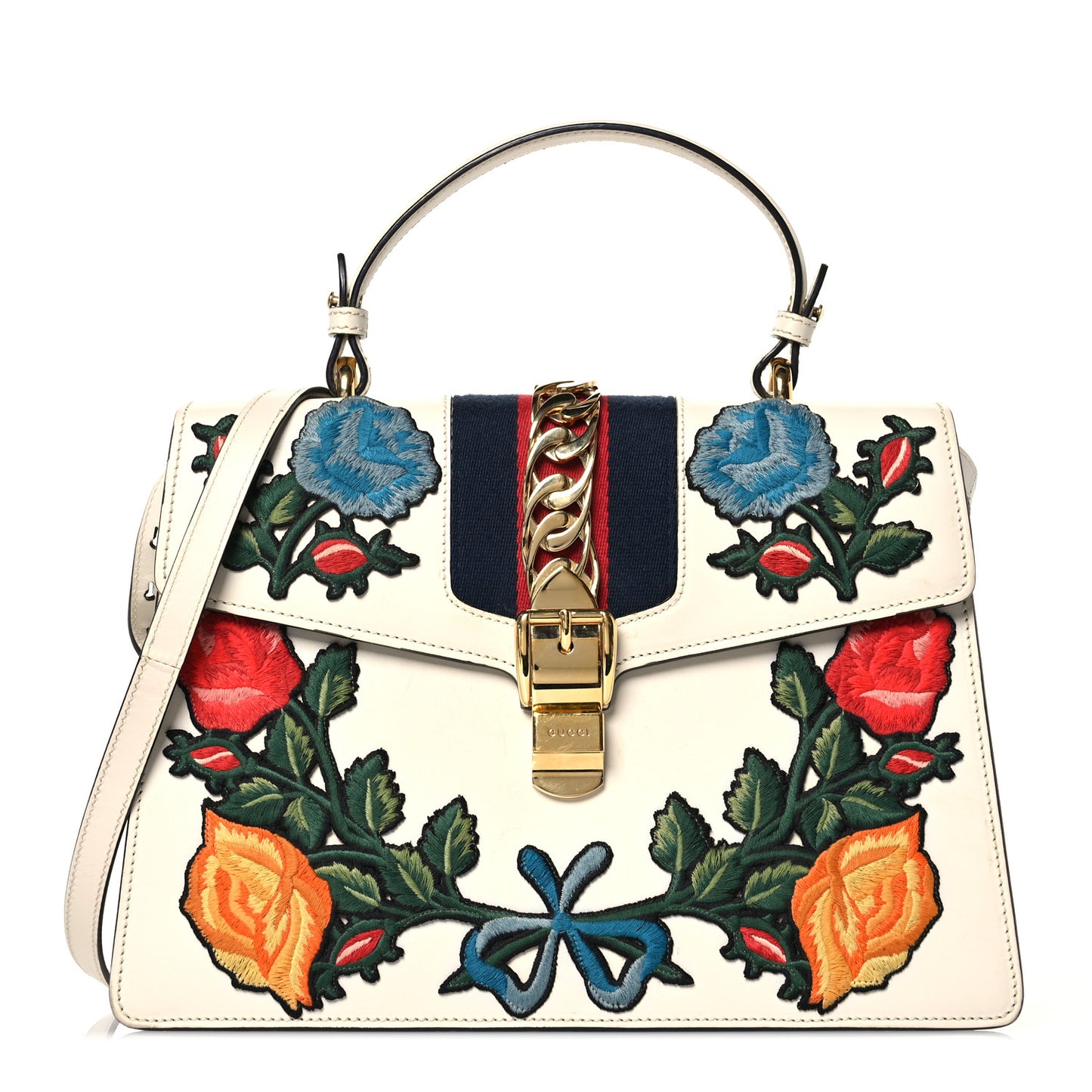 Calfskin Floral Medium Sylvie Top Handle Bag Off White