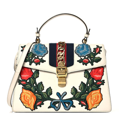 Gucci Calfskin Floral Medium Sylvie Top Handle Bag Off White 1 of 17