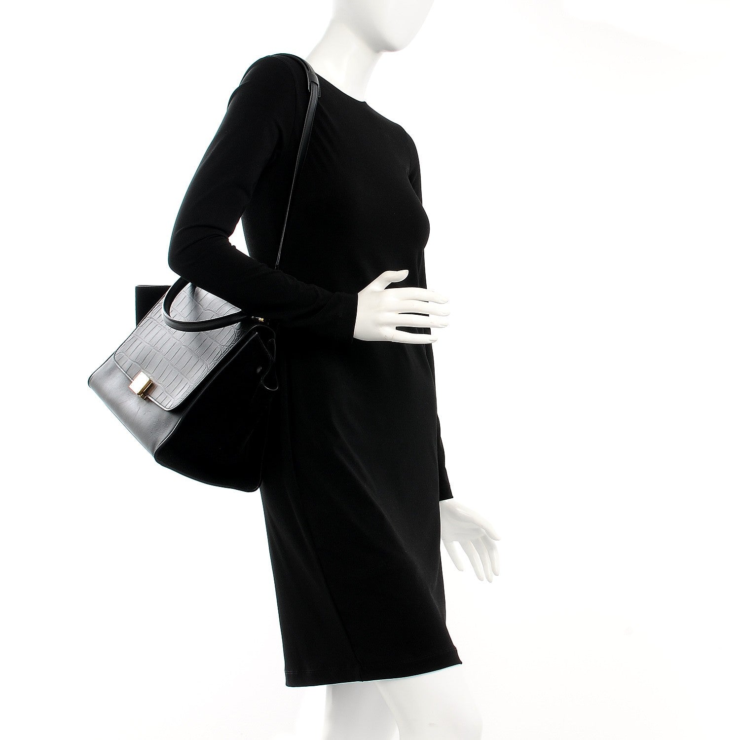 Celine Crocodile Embossed Calfskin Suede Medium Trapeze Black 2 of 7