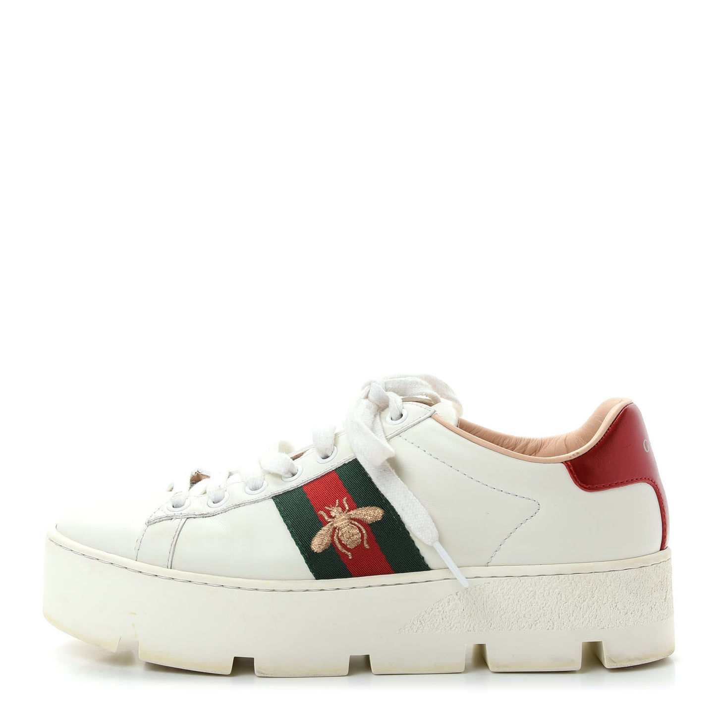 Calfskin Web Bee Embroidered Womens Ace Platform Sneakers 36 White