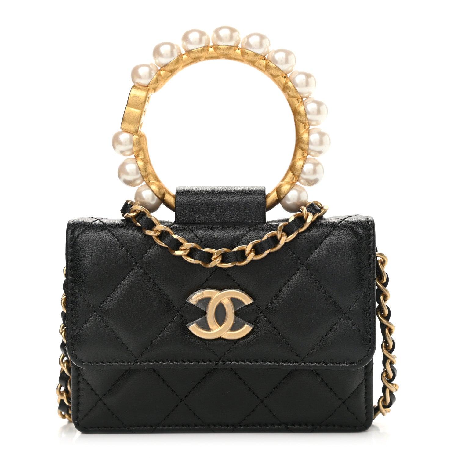 Chanel Lambskin Quilted Pearl Crown Clutch With Chain Black 1 of 12