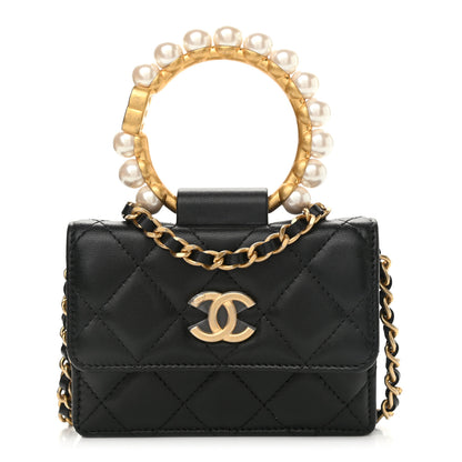 Chanel Lambskin Quilted Pearl Crown Clutch With Chain Black 1 of 12