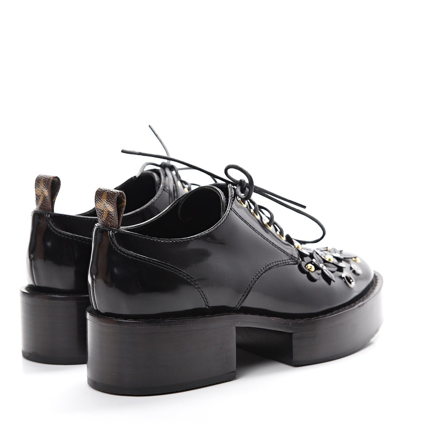 Patent Calfskin Blooms Flat Derby Platform Shoes 35 Black