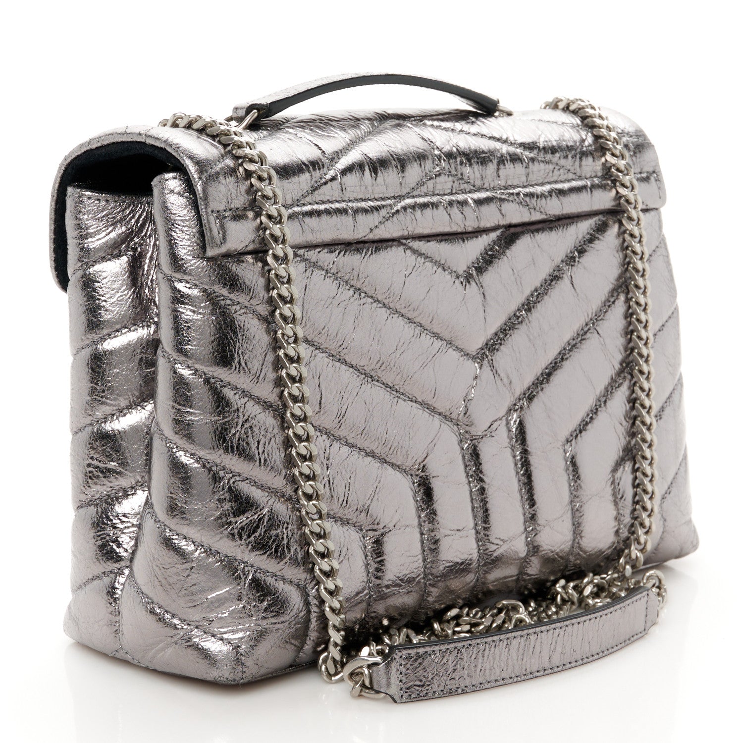 Saint Laurent Metallic Calfskin Y Quilted Monogram Small Loulou Chain Satchel Acciaio 3 of 10