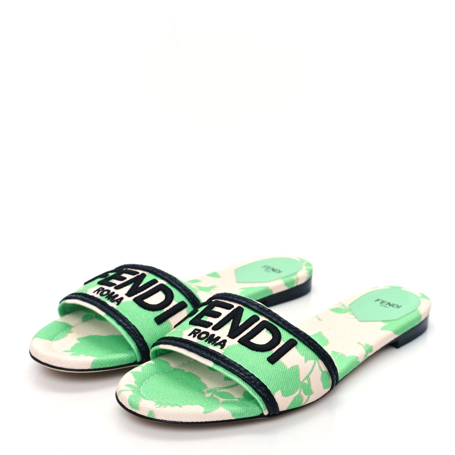 Canvas Floral Print Logo Flat Slide Sandals 41 Green