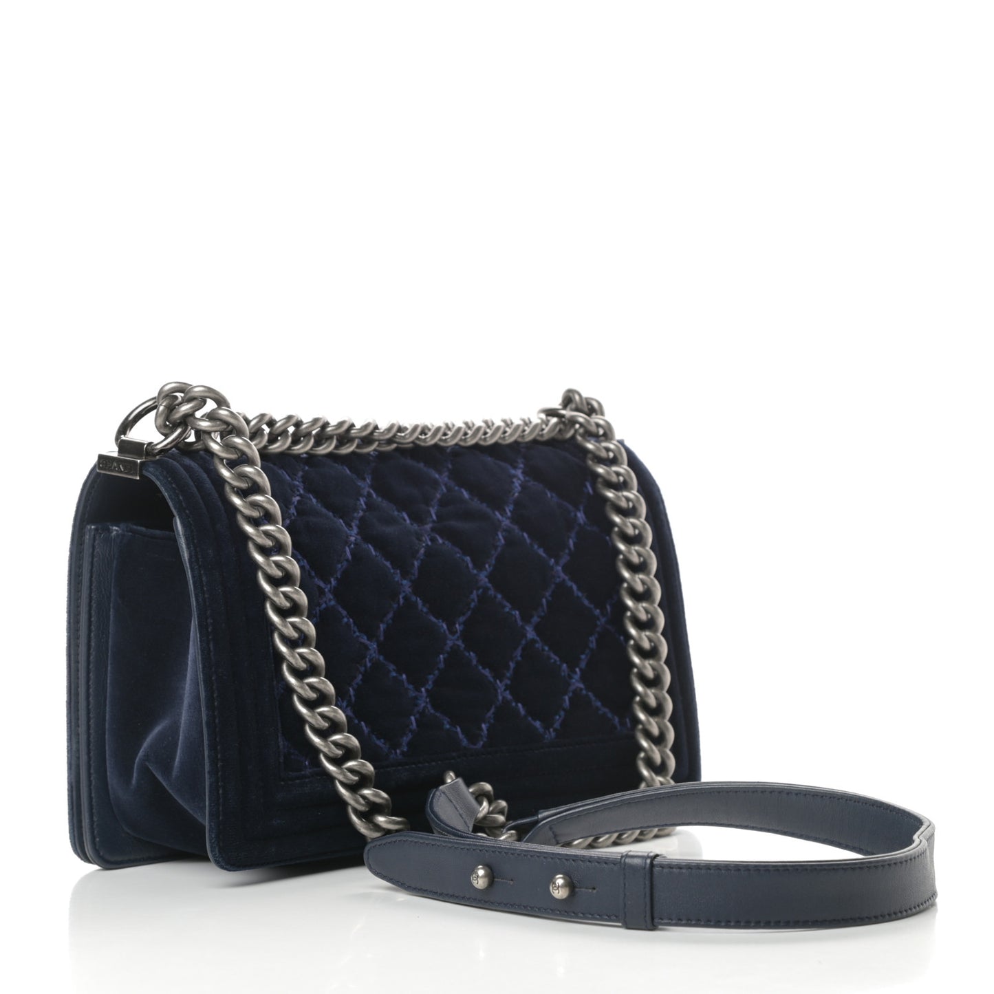 Velvet Tweed Quilted Medium Boy Flap Dark Navy Blue
