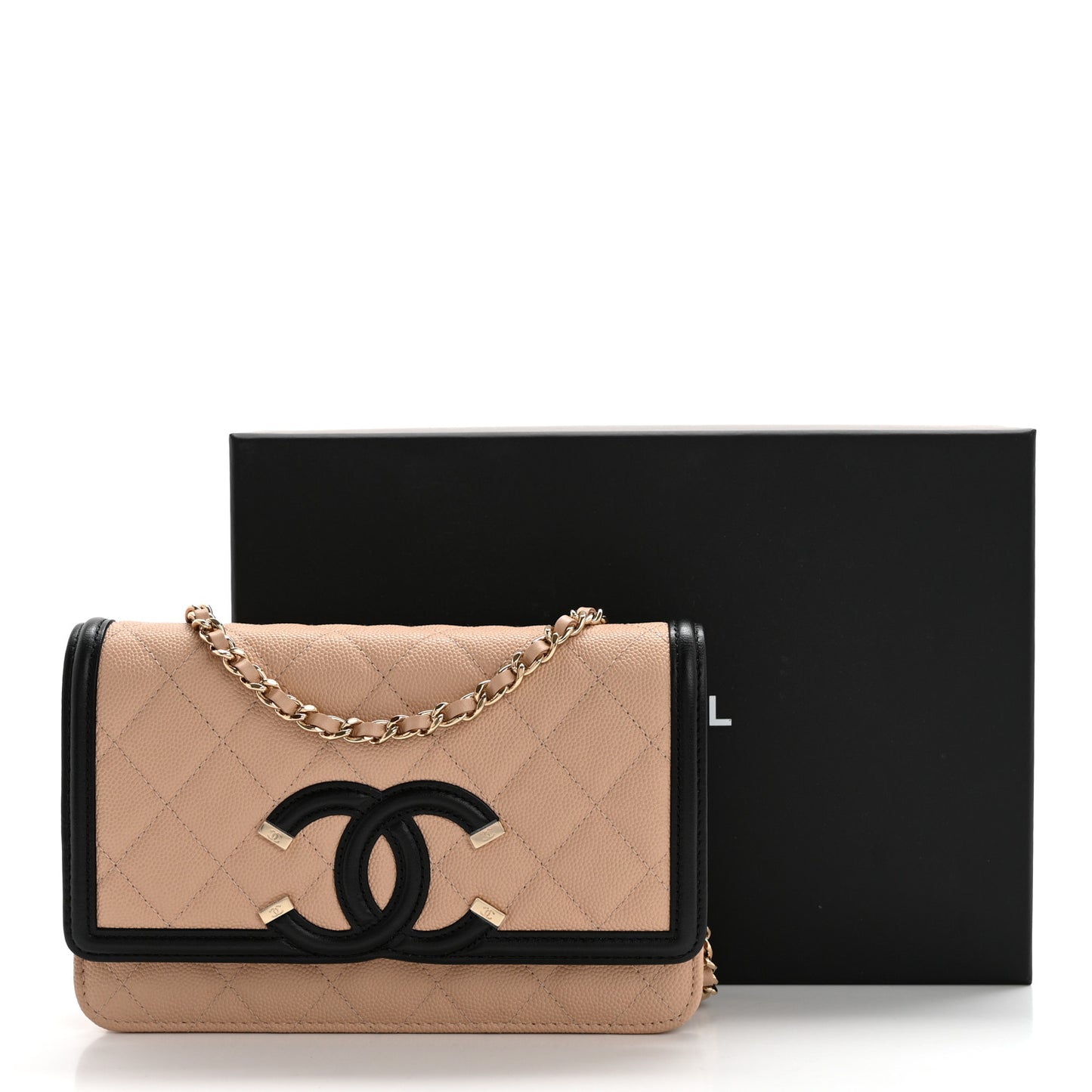 Caviar Quilted CC Filigree Wallet On Chain WOC Beige Black