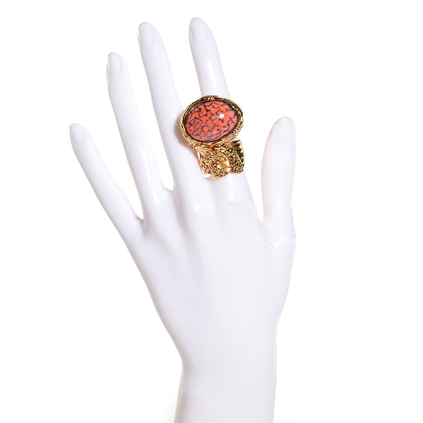 Glass Cabochon Arty Ovale Ring 7 Gold Coral