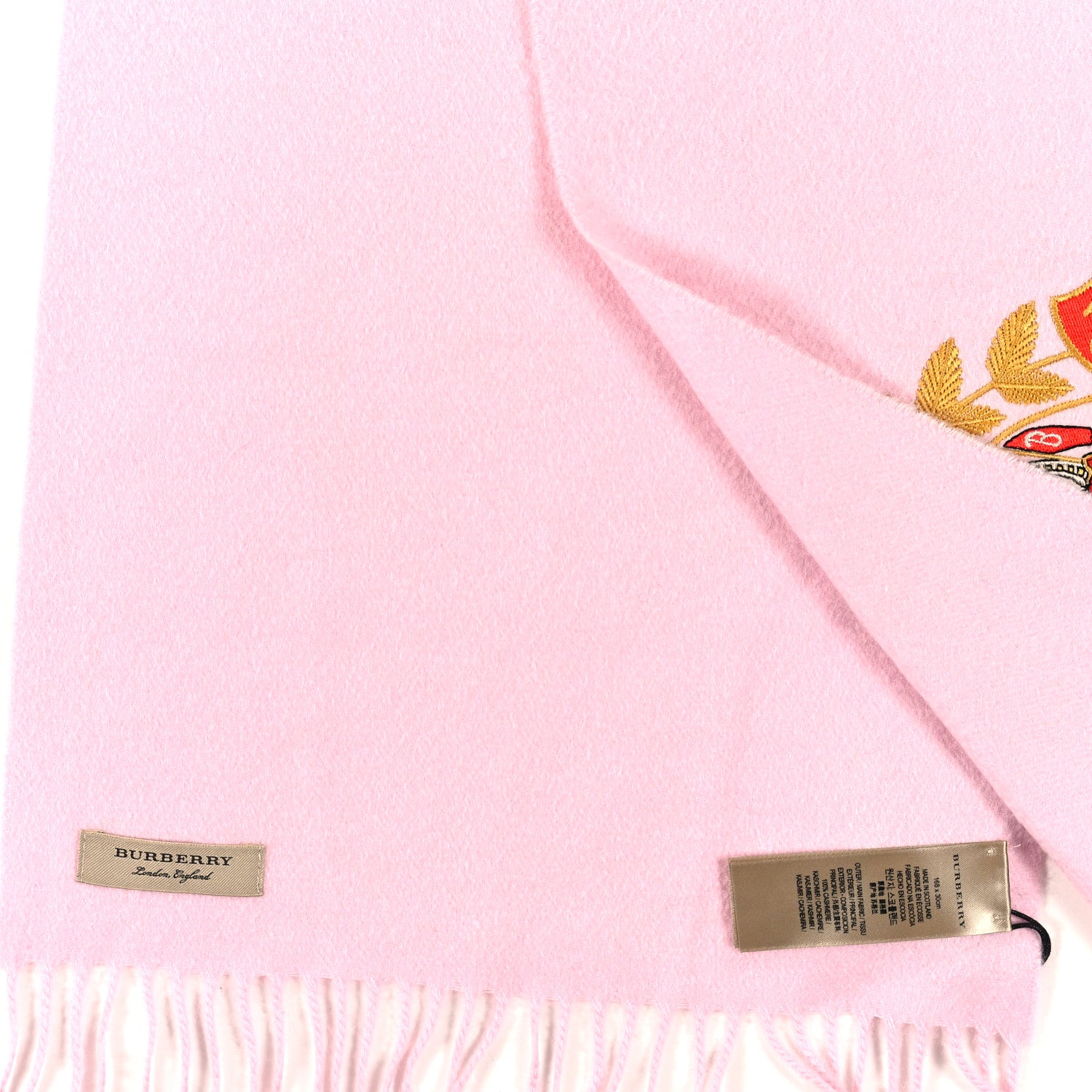 Burberry Cashmere Large Crest Embroidered Fringe Scarf Pale Rose 3 of 3