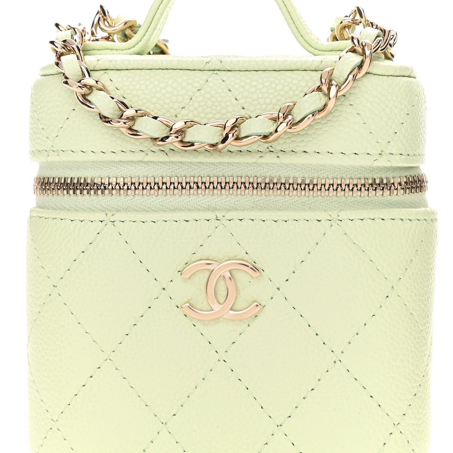 Caviar Quilted Small Handle With Care Vanity Case With Chain Light Green