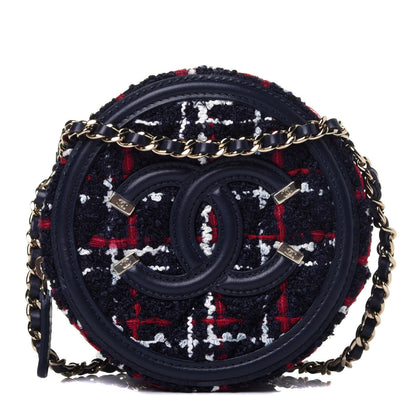 Chanel Tweed Quilted Round Filigree Clutch With Chain Navy Blue 1 of 10