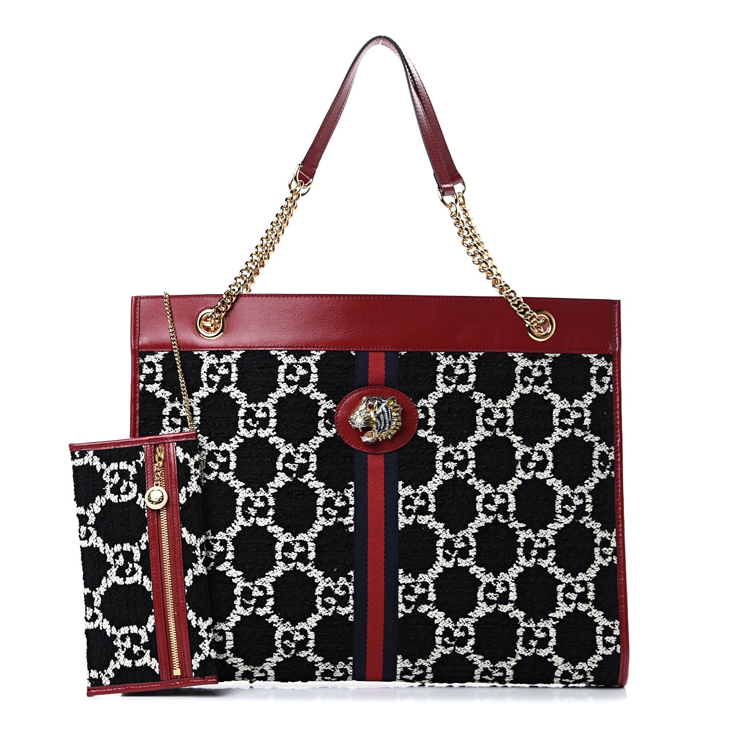 Gucci Tweed GG Monogram Large Rajah Chain Tote Romantic Cherry Black White 1 of 10
