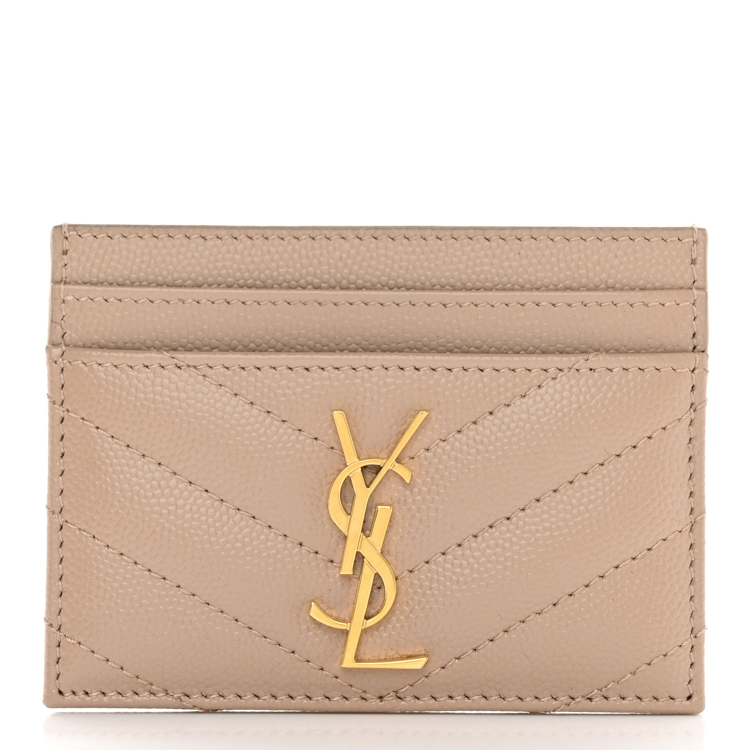 Saint Laurent Grain De Poudre Matelasse Chevron Monogram Credit Card Case Dark Beige 1 of 8