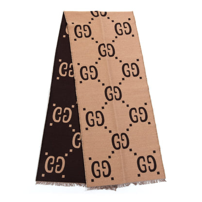 Gucci Wool Silk Monogram Jumbo GG Freedom Scarf Dark Brown Beige 2 of 4