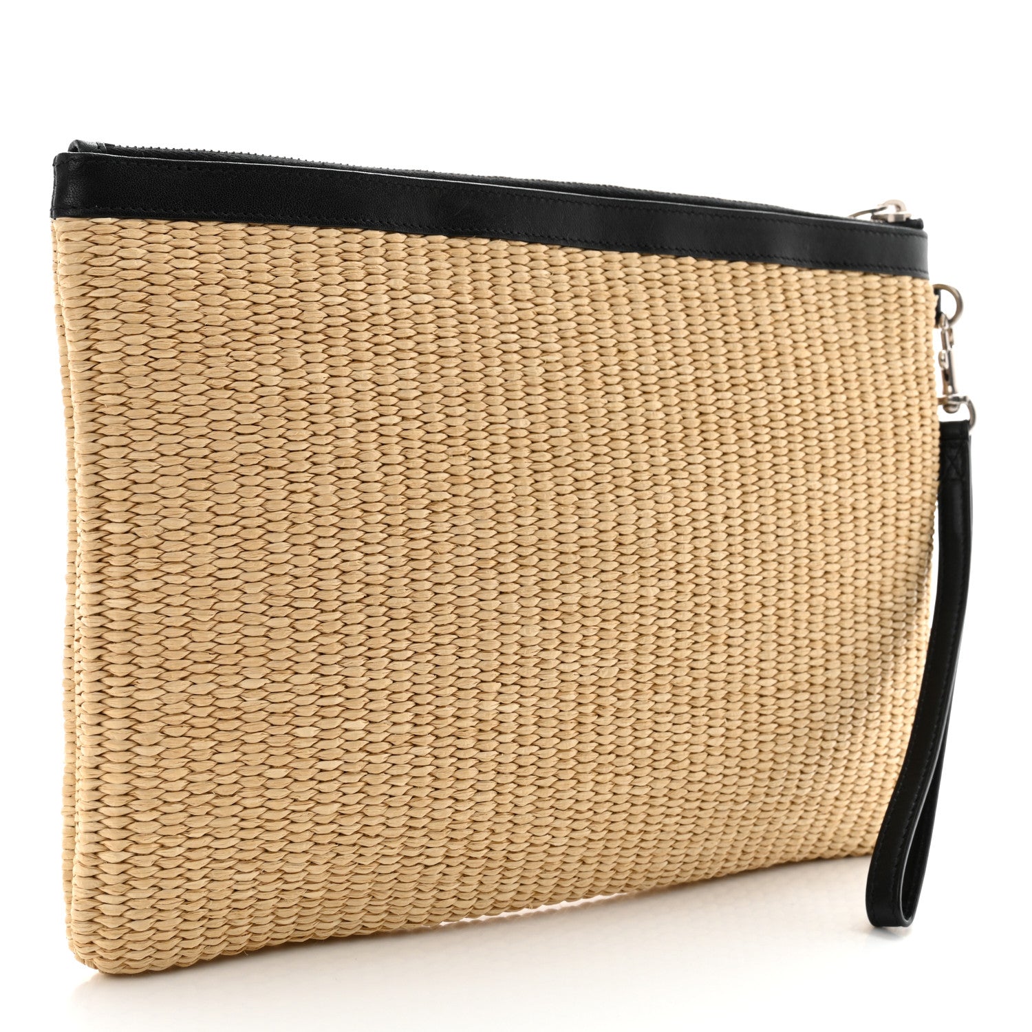 Saint Laurent Raffia Calfskin Rive Gauche Zipped Pouch Naturale Black 3 of 8