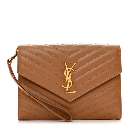 Saint Laurent Grain De Poudre Matelasse Chevron Monogram Cassandre Flap Pouch Natural Dark 1 of 8