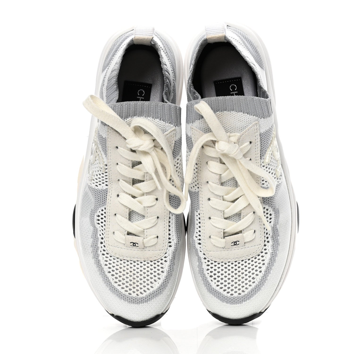 Chanel Fabric Suede Calfskin Stretch CC Sneakers 38.5 White Grey 5 of 9