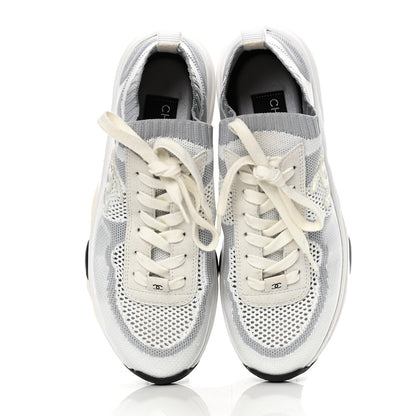Chanel Fabric Suede Calfskin Stretch CC Sneakers 38.5 White Grey 5 of 9