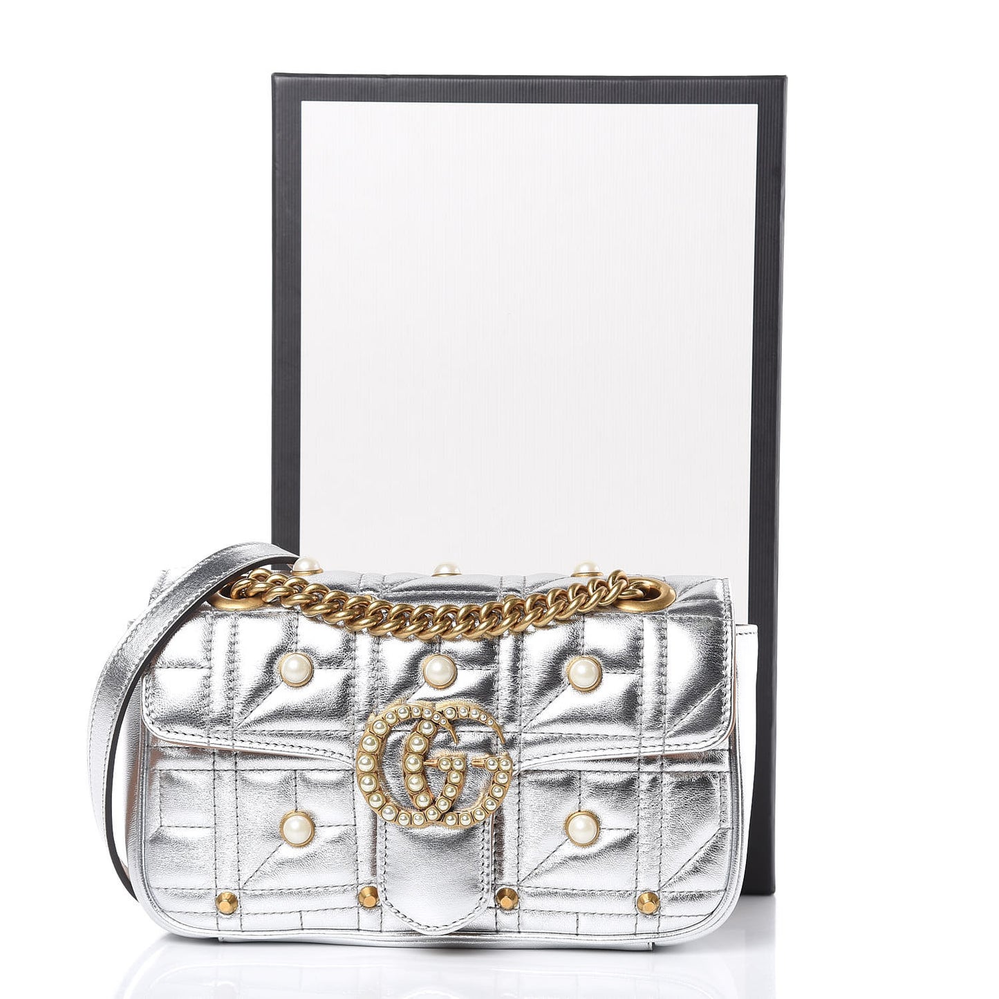 Metallic Calfskin Matelasse Studded Mini Pearly GG Marmont Shoulder Bag Silver