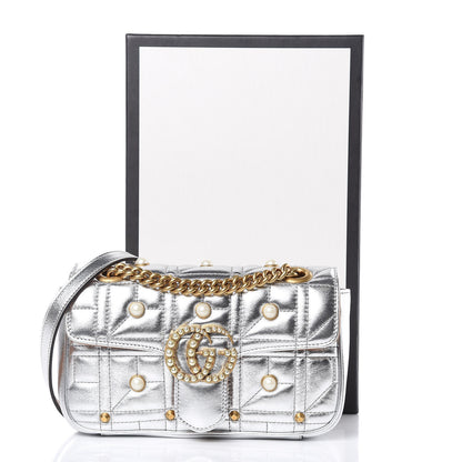 Gucci Metallic Calfskin Matelasse Studded Mini Pearly GG Marmont Shoulder Bag Silver 10 of 10