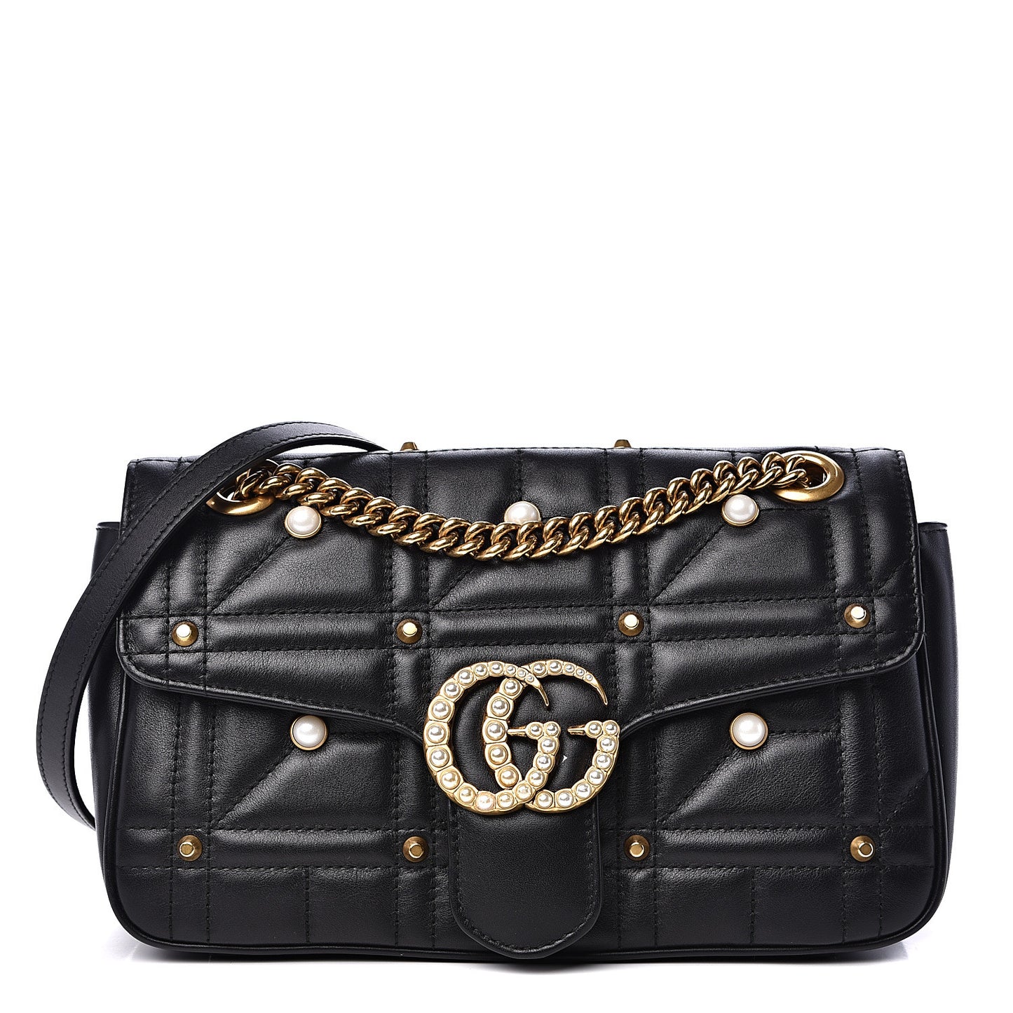 Calfskin Matelasse Studded Small Pearly GG Marmont Shoulder Bag Black