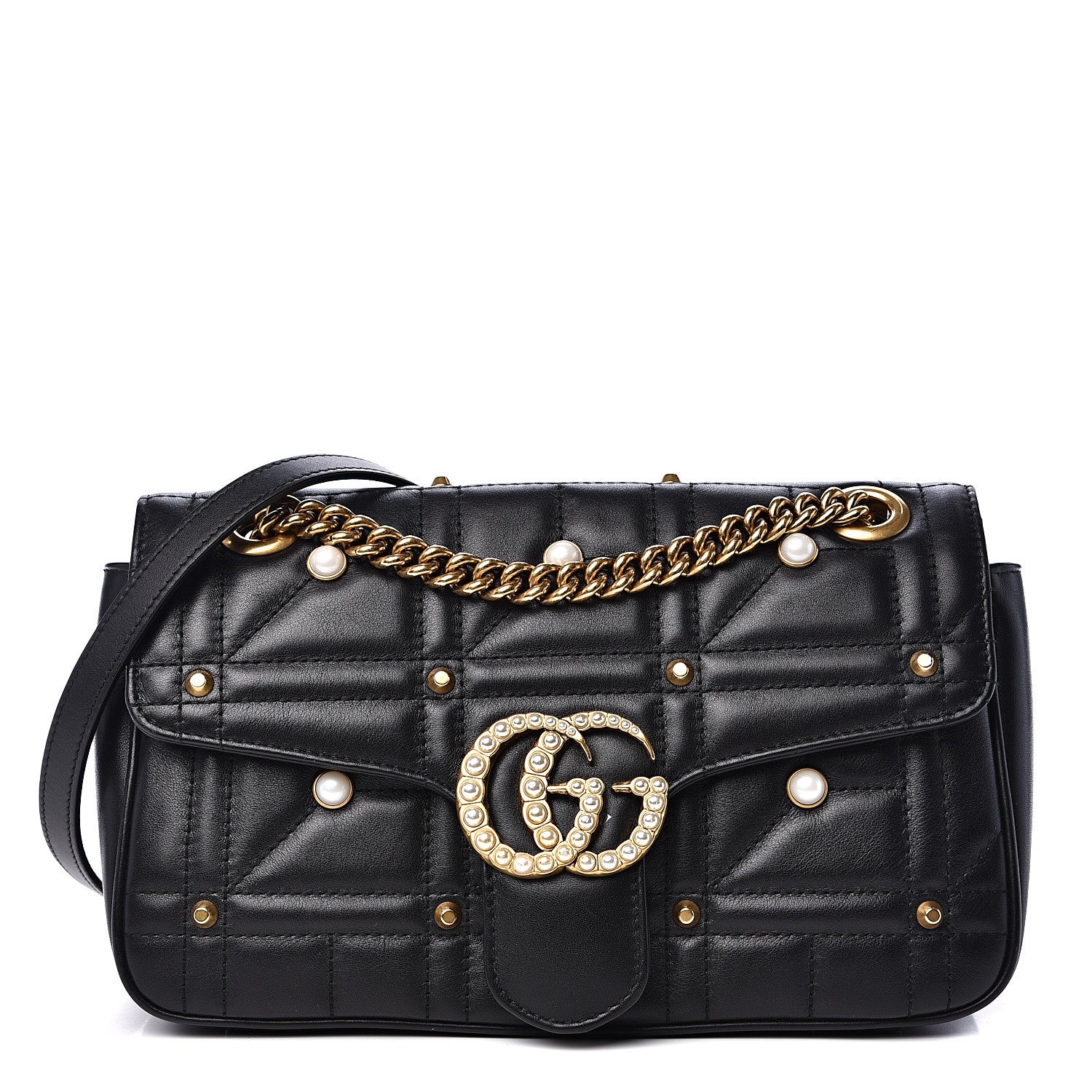 Gucci Calfskin Matelasse Studded Small Pearly GG Marmont Shoulder Bag Black 1 of 12