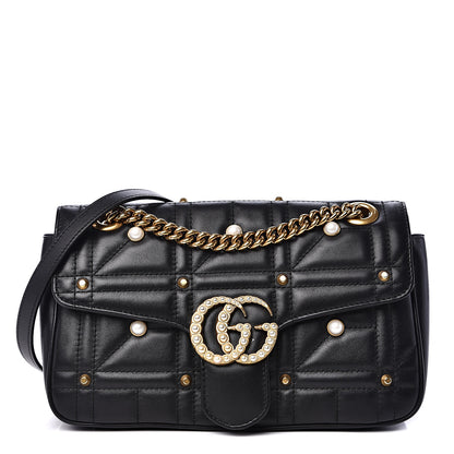 Gucci Calfskin Matelasse Studded Small Pearly GG Marmont Shoulder Bag Black 1 of 12