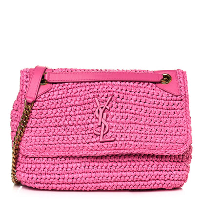 Saint Laurent Raffia Calfskin Monogram Medium Niki Chain Satchel Bright Pink 1 of 13