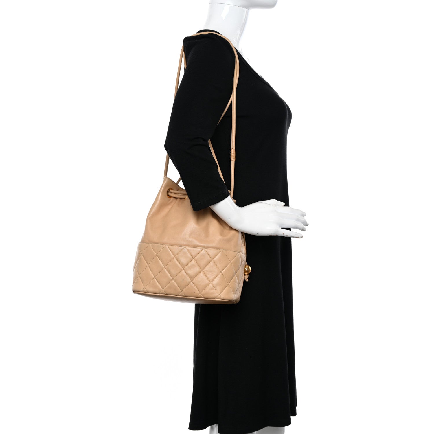 Chanel Lambskin Quilted Drawstring Bucket Bag Beige 2 of 13