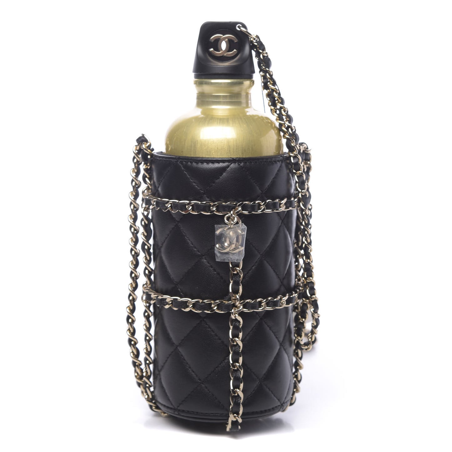Lambskin Quilted CC To Drink Water Bottle Black Gold
